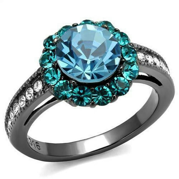 IP Light Black (IP Gun) Stainless Steel Ring with Top Grade Crystal in Sea Blue for Women Sea Blue Stone Color Style TK2716 Size 10