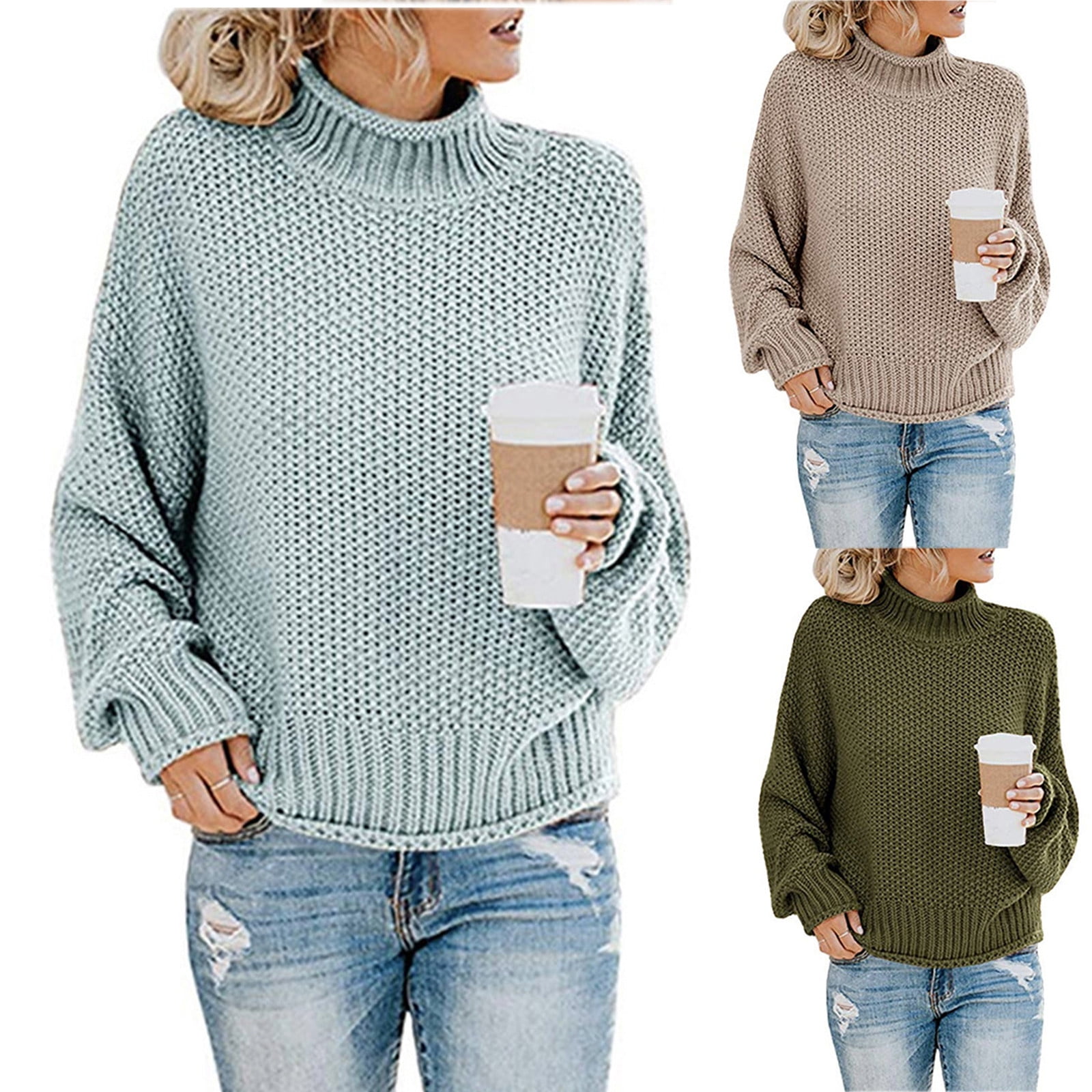 Womens Turtleneck Long Sleeve Chunky Sweater Women Waffle Knit Shirt ...