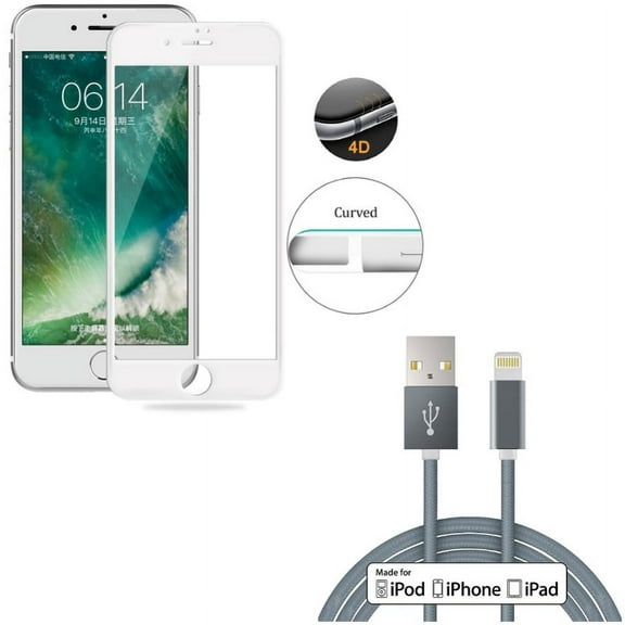iPhone 7/8 PLUS MFi USB Cable w Screen Protector - 6ft Certified Charger Cord Power, Tempered Glass 4D Touch Curved Edge Full Cover for iPhone 8 PLUS/7 Plus
