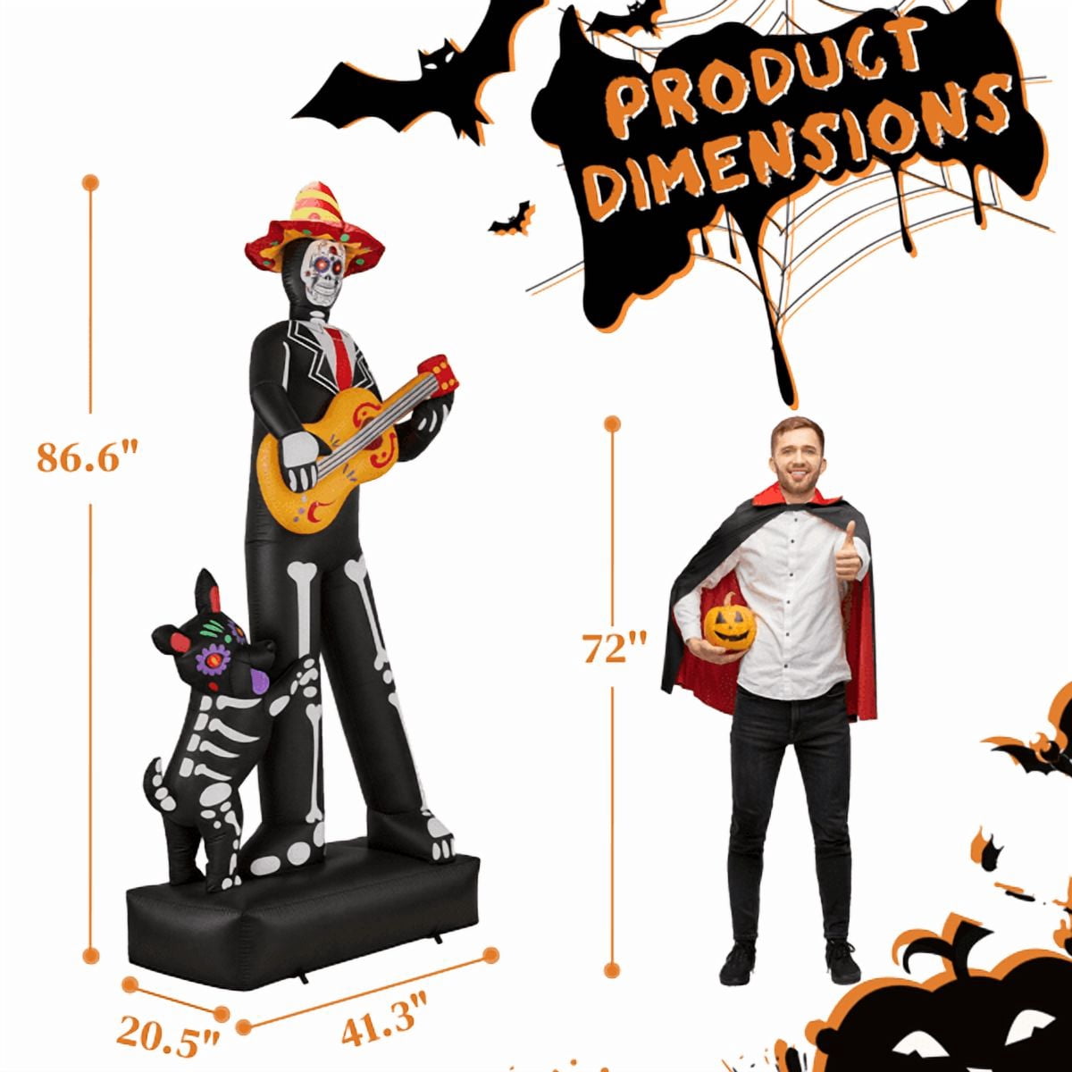 Alvantor 7.2 ft Day of the Dead Halloween Inflatable Decoration with Skeleton Musician, Dog and 6 LED Lights
