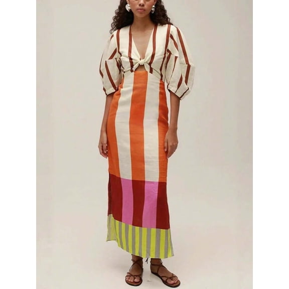 Striped Print Linen Midi Dress With Tie Front And Puff Sleeves