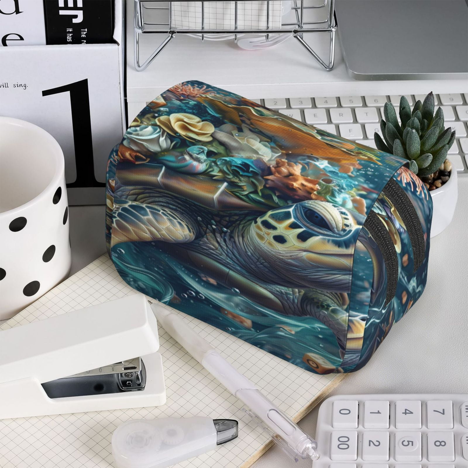 Rateoe Colorful Plant Turtle Pattern Double Clamshell Pen Case, Storage Organizer with Two Zipper Compartments– Holds Up to 50 Pencils & Pens