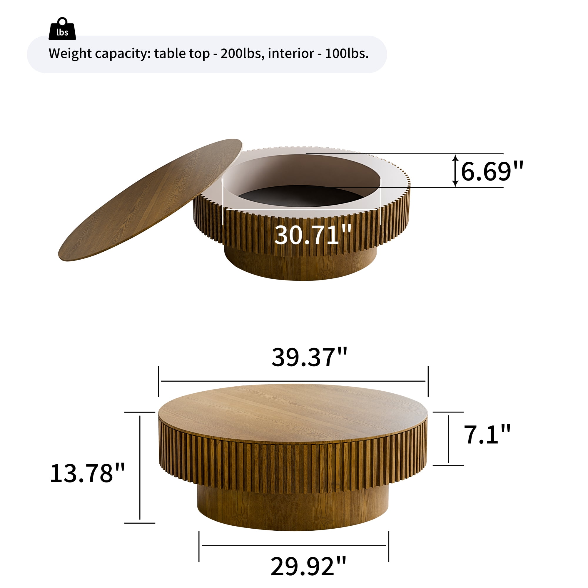 Round Coffee Table with Storage, Mid-Century Modern Solid Wood Center Table for Living Room, 39.37'' Large Circle Wooden Accent Table for Living Room, Bedroom, Apartment or Office