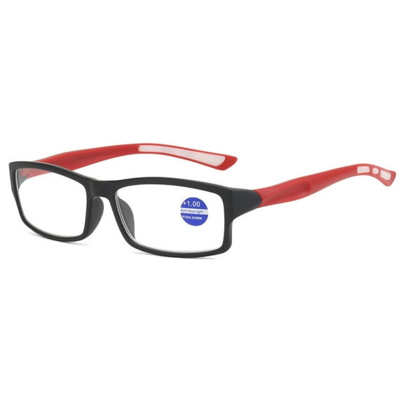Mens Rimmed Sport Reading Glasses 1.0, Womens Blue Light Blocking Plastic Black Frame Red Temple Readers 1.0