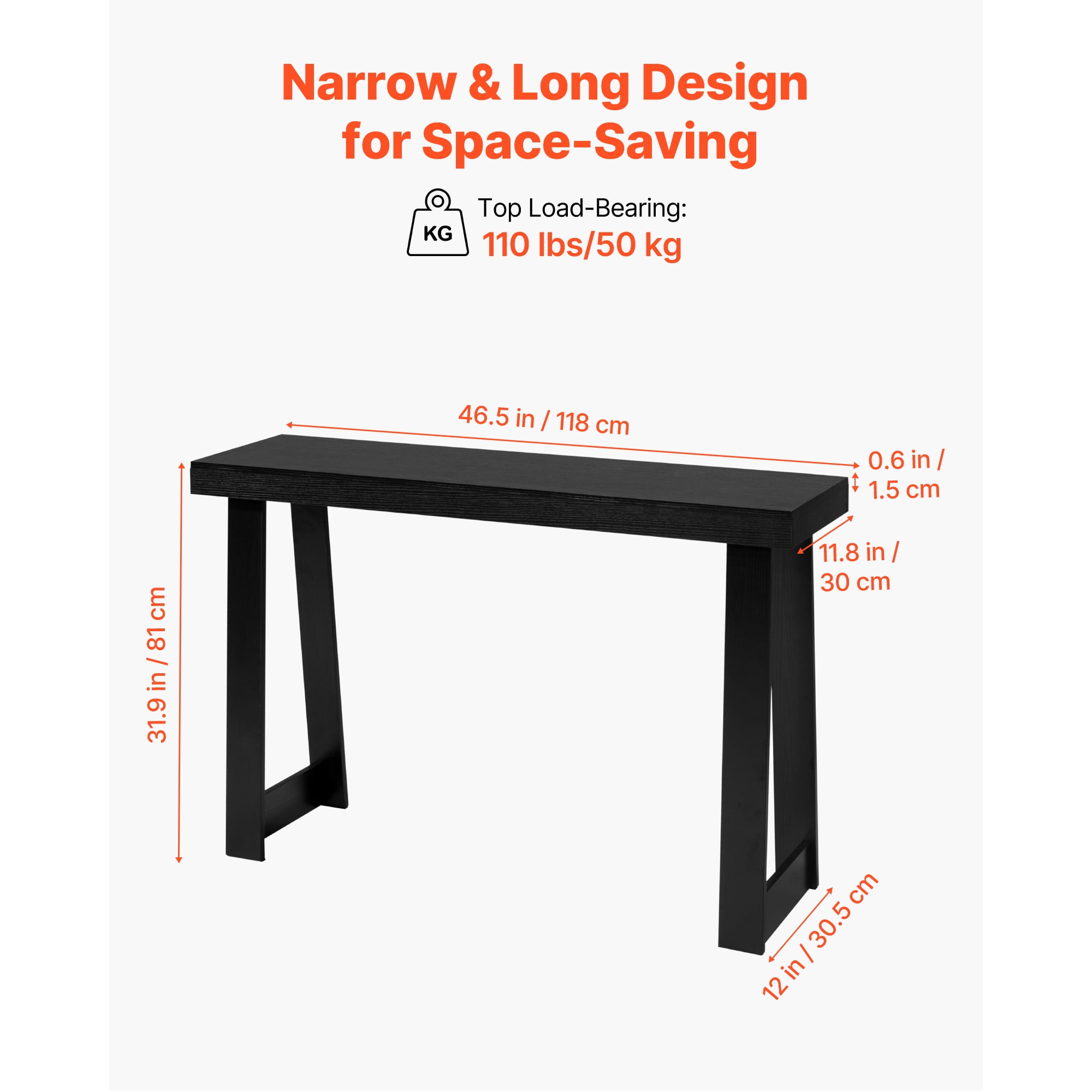 KFFKFF 46-inch Console Table, Modern Wooden Desk for Behind the Couch, Rectangular Entryway Table, Narrow Long Accent Stand for Hallway, Bedroom, Living Room, or Foyer, Simple Assembly, Black