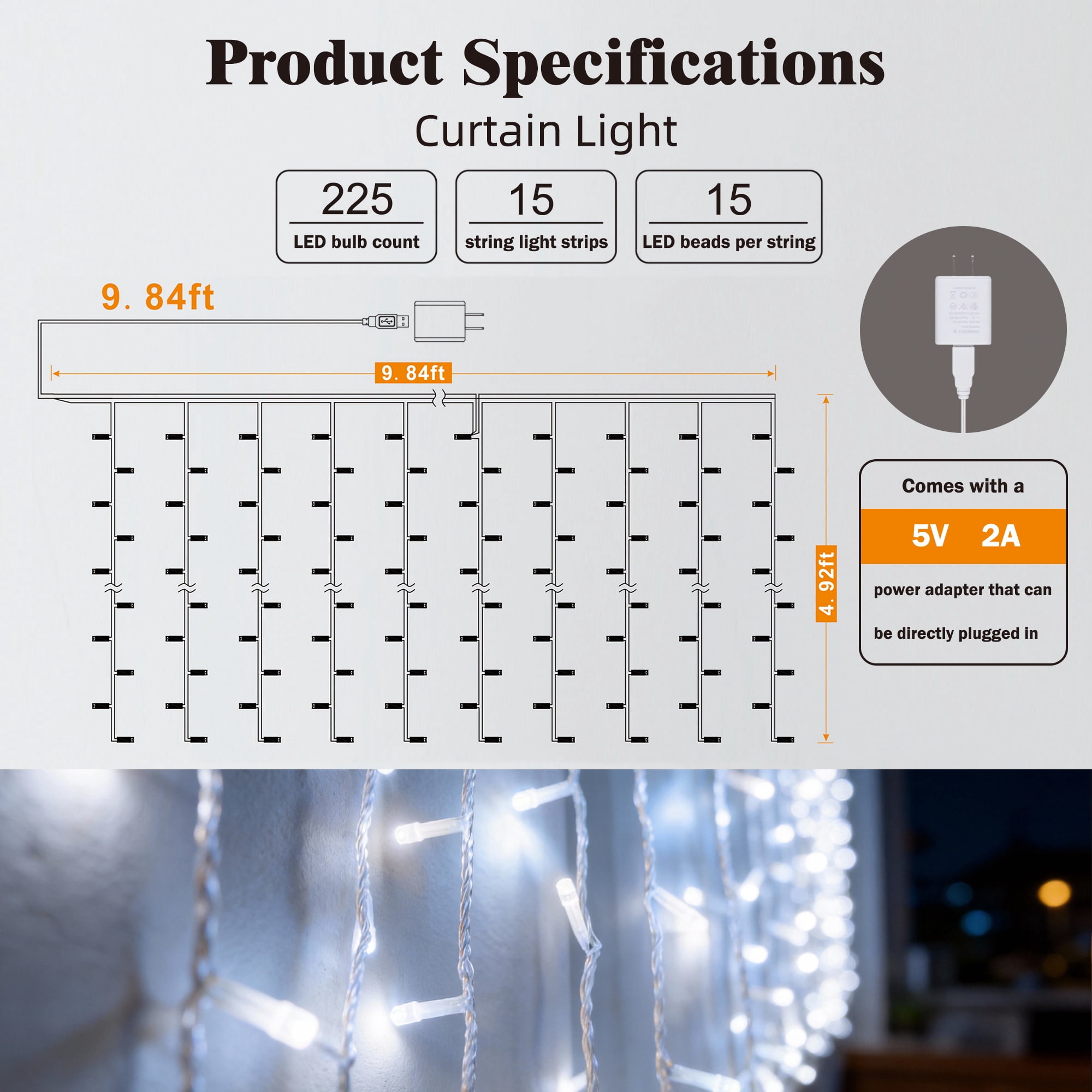 Beatineon 225 LED Curtain Lights, 9.8x4.9Ft, USB Plug in Window Curtain Lights, Hanging Christmas String Lights for Bedroom Garden Wedding Party Outdoor Indoor Wall Decor,White