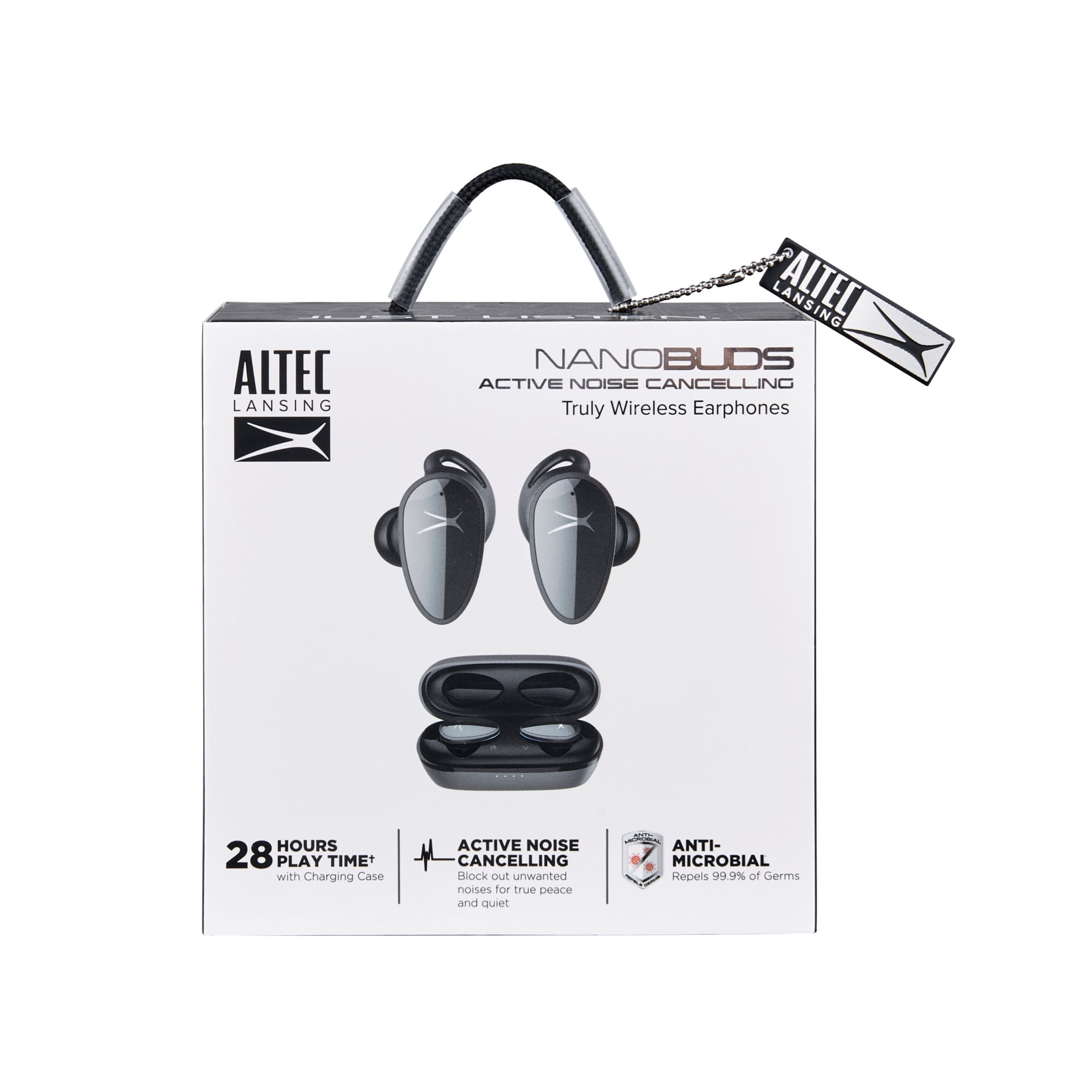 Altec Lansing NanoBuds Active Noise Cancelling Truly Wireless Earbuds, with Water Resistance, Stay-In-Place Helix Wings, Anti-Microbial Protection, 28 Hours of Total Playtime, Gray