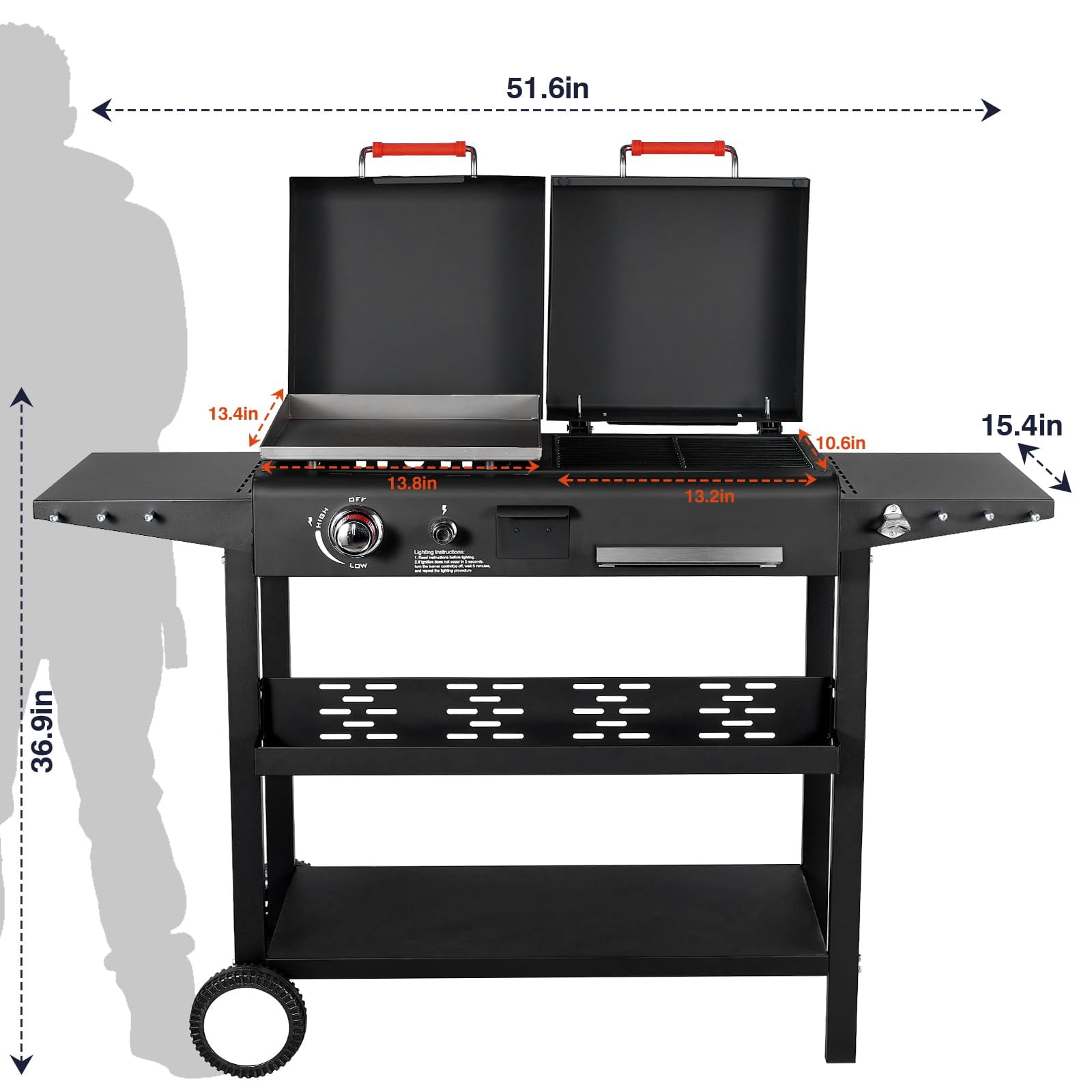 Frizi Charcoal and Gas Grill Combo with Black Dual Lids, Dual Fuel Propane Gas Grill with 2 Side Shelves for Outdoor Backyard Barbecue Cooking