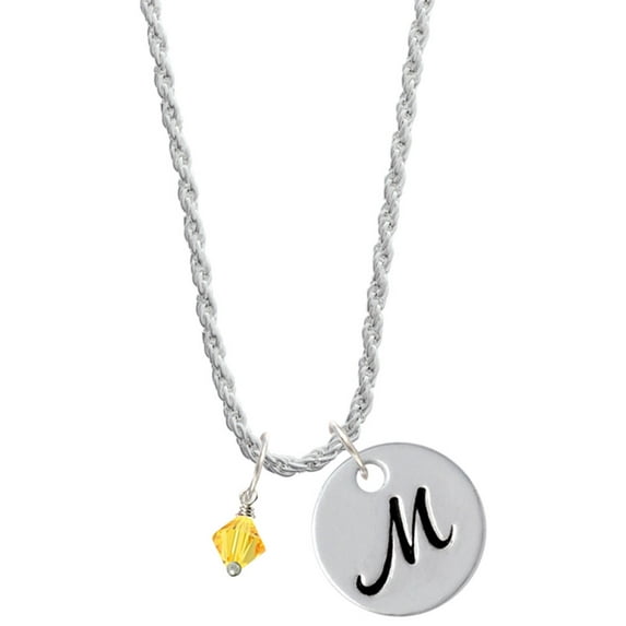 Delight Jewelry Sunflower Crystal Bicone Silvertone Script Initial Disc - M - Charm Necklace, 20"+3"