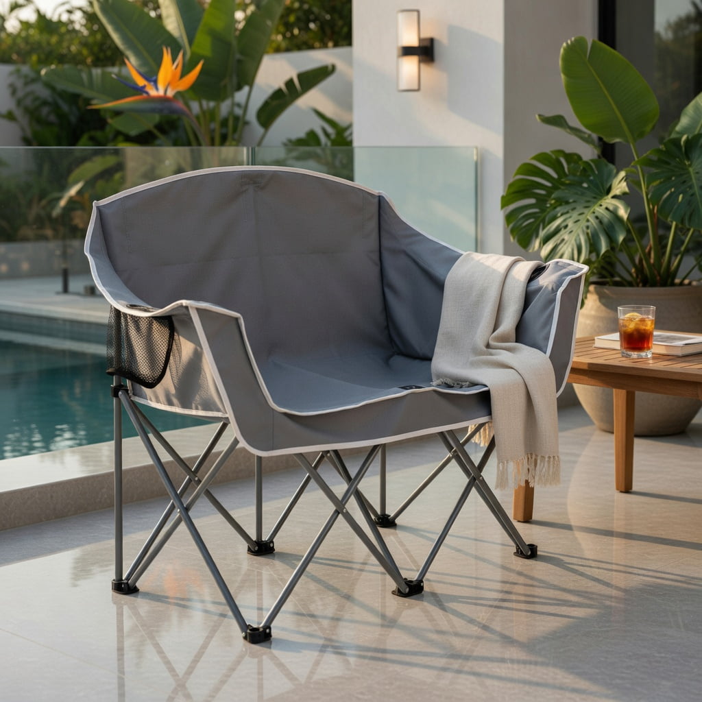 Hommoo Duo Portable Oversized Camping Loveseat Chair with Armrests, Dual Mesh Cup Holders & Heavy-Duty Steel Frame, Gray
