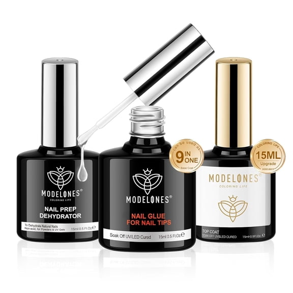 Modelones Nail Glue Gel with Top Coat and Prep Dehydrator 3 PCS 15ml 9 in One Gel Glue Kit for Easy Nail Extension, No Wipe Top Coat
