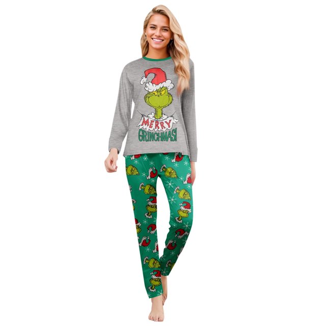 Moonsky Family Matching Long Sleeve GrayTops+Green Pants 2 Piece Pajamas Set, Christmas Print Christmas Paj Christmas Element Prints For Family#Women 3XL