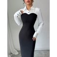 thumbnail image 3 of Black And White Two-Tone Long-Sleeve Midi Dress With Collared Shirt Top And Fitted Black Skirt, 3 of 6