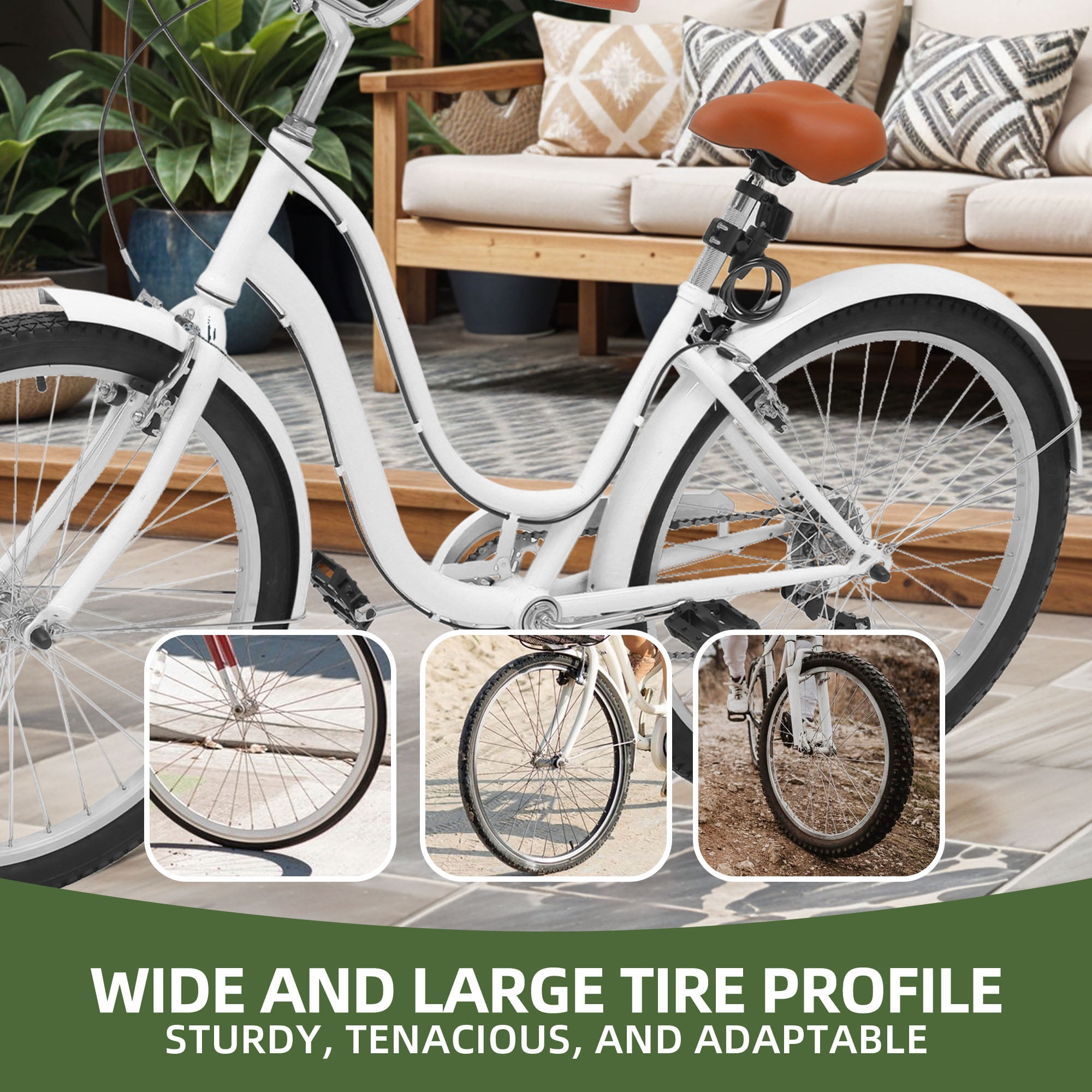 Uforic24'' Beach Cruiser Bike, 7-Speed, Step-Through Bicycle for Men & Women, Steel Frame, White