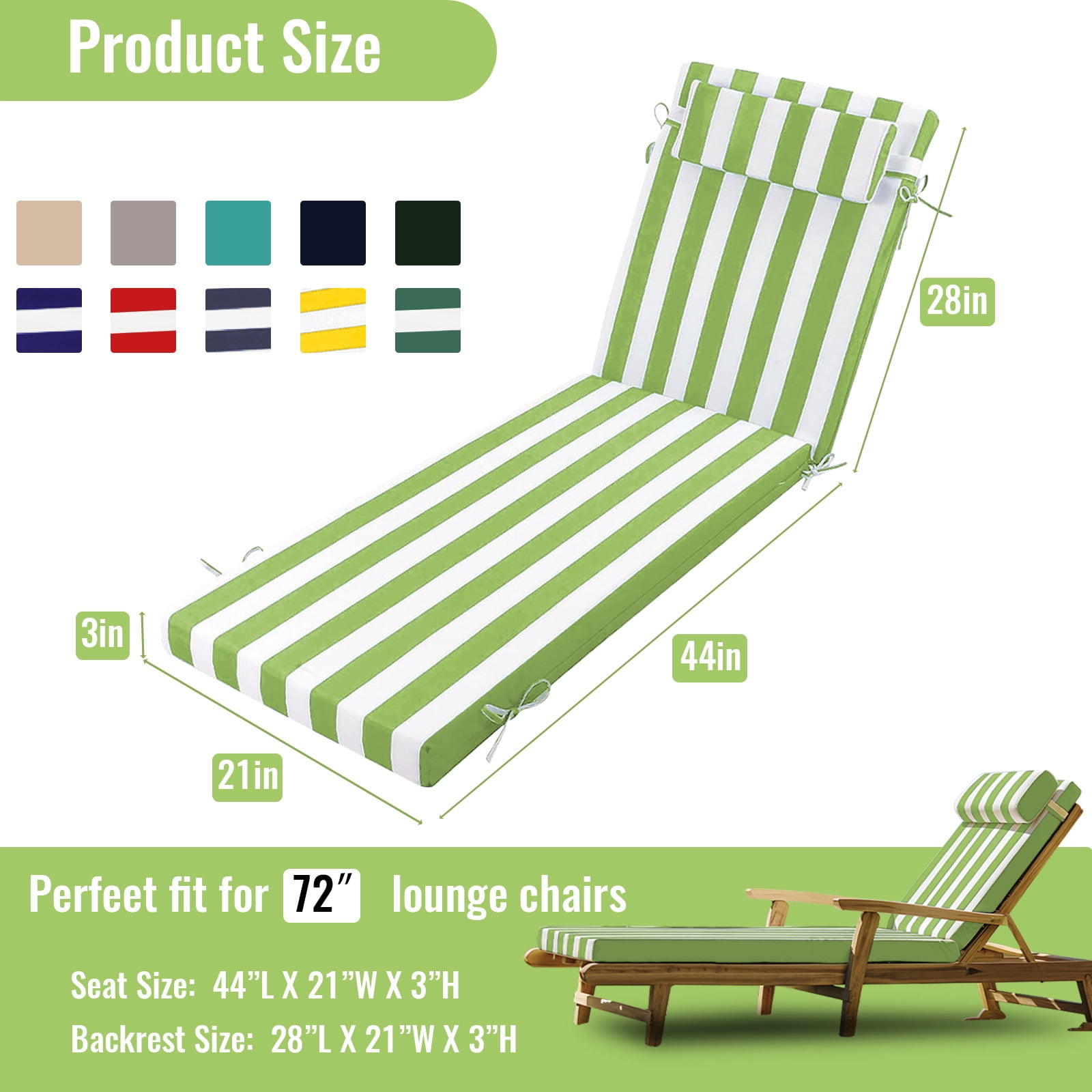 SDJPOI Outdoor Chaise Lounge Cushions, 72×21×3in Patio Chair Cushion for Pool & Beach（Grass White）