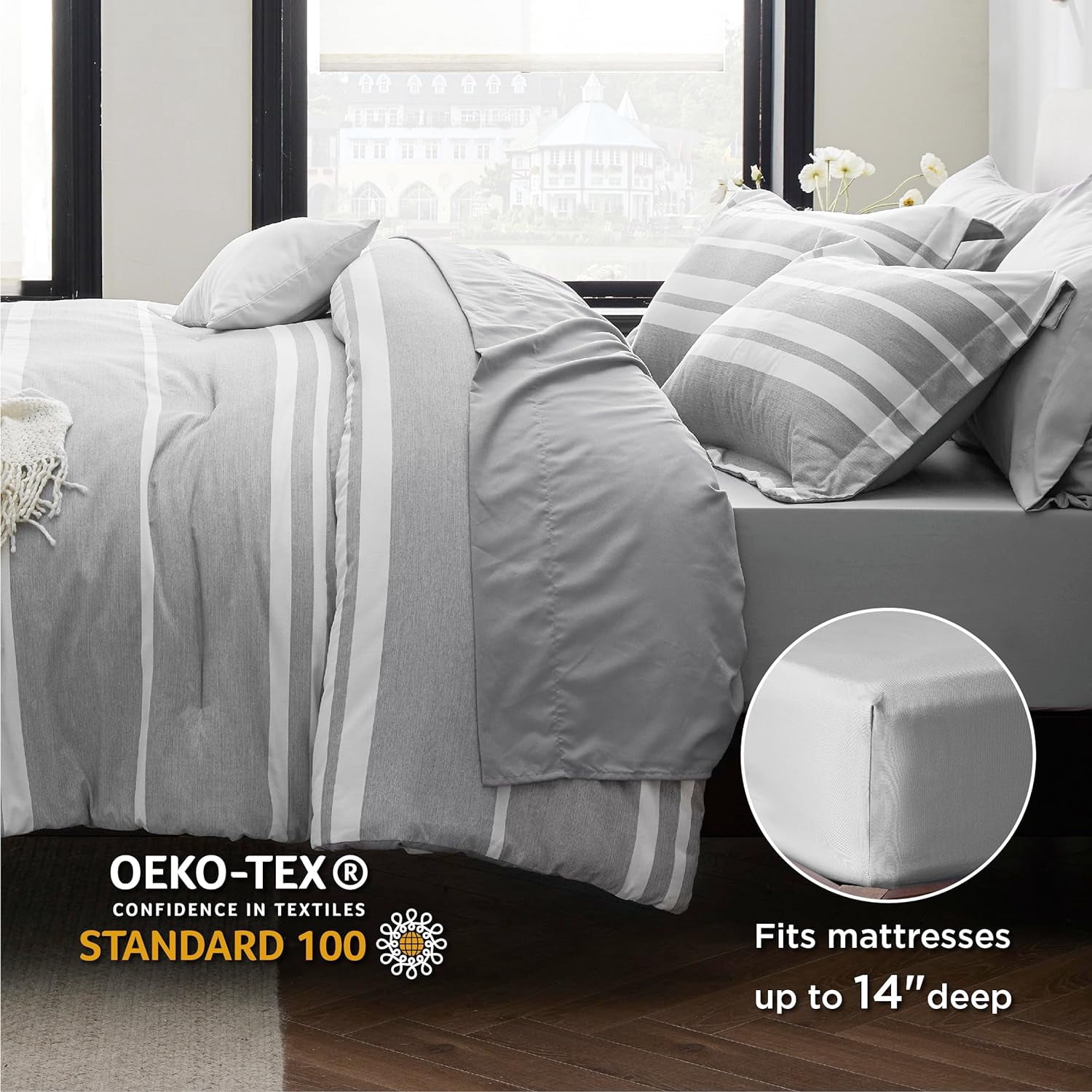 U by Bedsure King Comforter Set, 7 Pieces Gray White Striped Bedding Sets All Season, Bed in a Bag with Comforter, Sheets, Pillowcases & Shams
