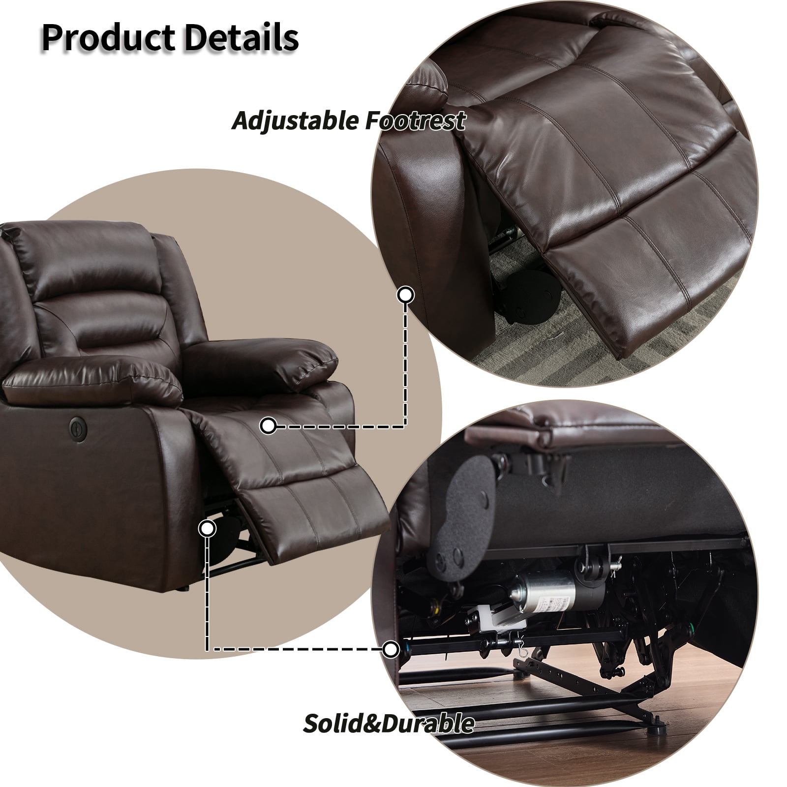 Bonzy Home Power Recliner Chair, Oversized Electric Leather Reclining Chair with Thick Cushion, USB Charge Port, Comfortable Single Sofa for Living(recliner) Room, Brown