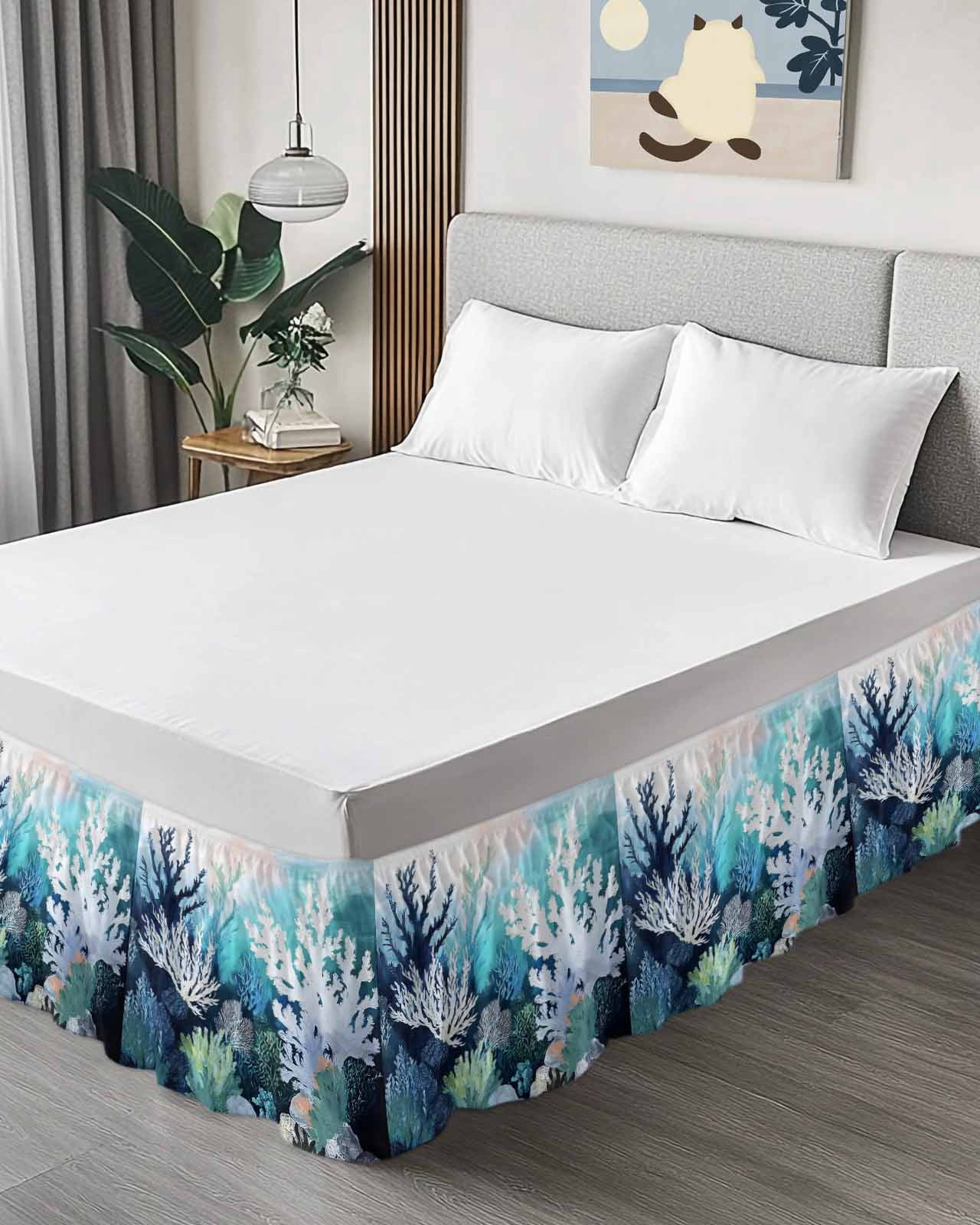 Coastal Ocean Wrap Around Bed Skirts for Queen Bed 16" Drop, Bed Skirt with Adjustable Elastic Belt Dust Ruffle Bed Valance for Bedroom Hotel Luxury Summer Vintage Colorful Coral Bed Frame Cover