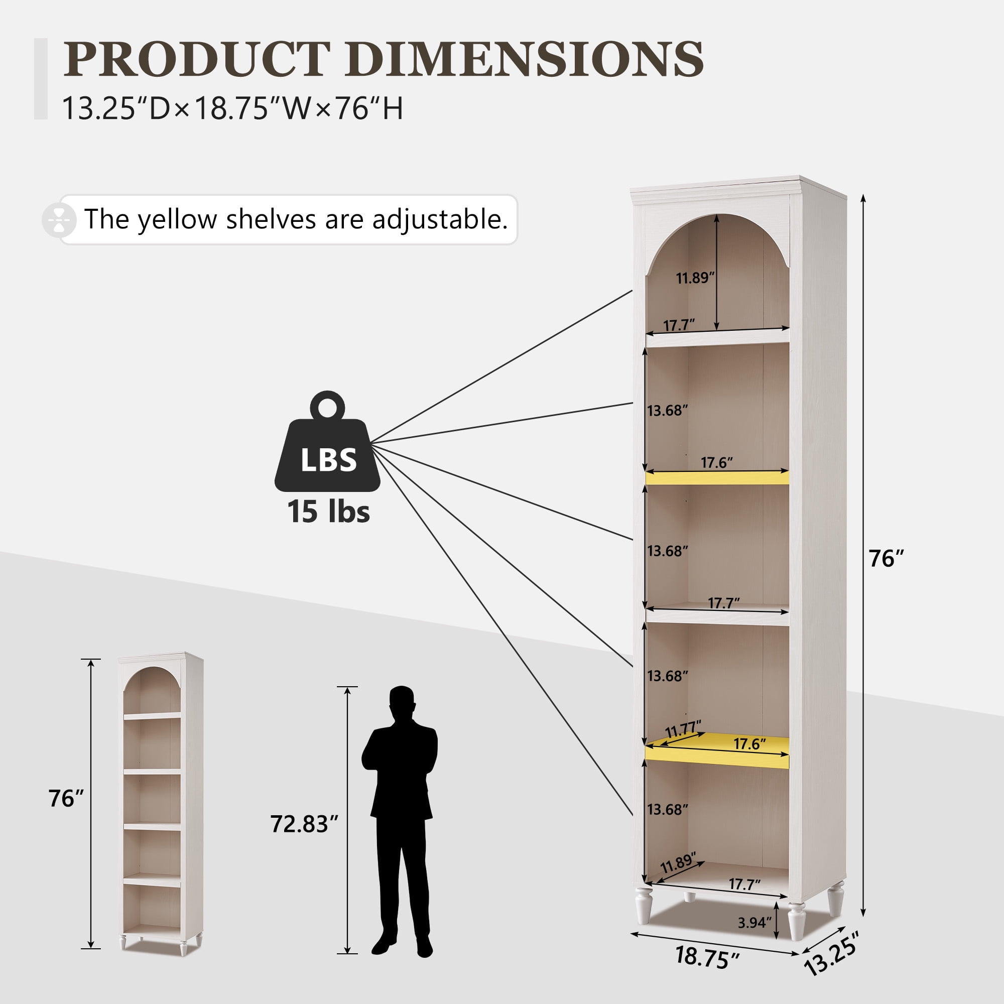 SinCiDo Tall Arched Bookcase, 5-Tier Narrow Bookshelf with Open Display Shelves for Living Room, Cream
