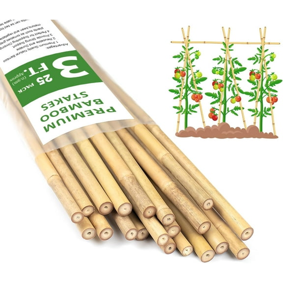 Plant Stakes 3FT, Natural Bamboo Stakes, HAINANSTRY 25Pcs Sturdy Bamboo Garden Stakes, Bamboo Sticks for Plants, Beans, Indoor and Outdoor Climbing Plants, Tomato Vegetable Stakes for Garden