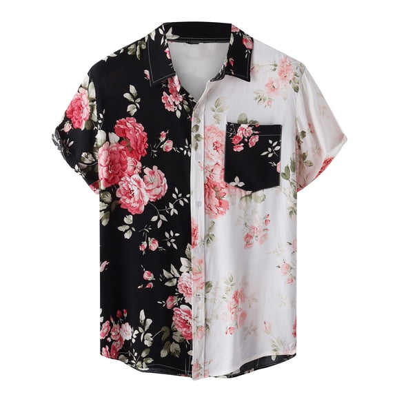 IROINNID Hawaiian Shirt for Men Patchwork Buttons Summer Beach Lightweight Floral Print Turndown Short Sleeve Shirt Blouse,Pink