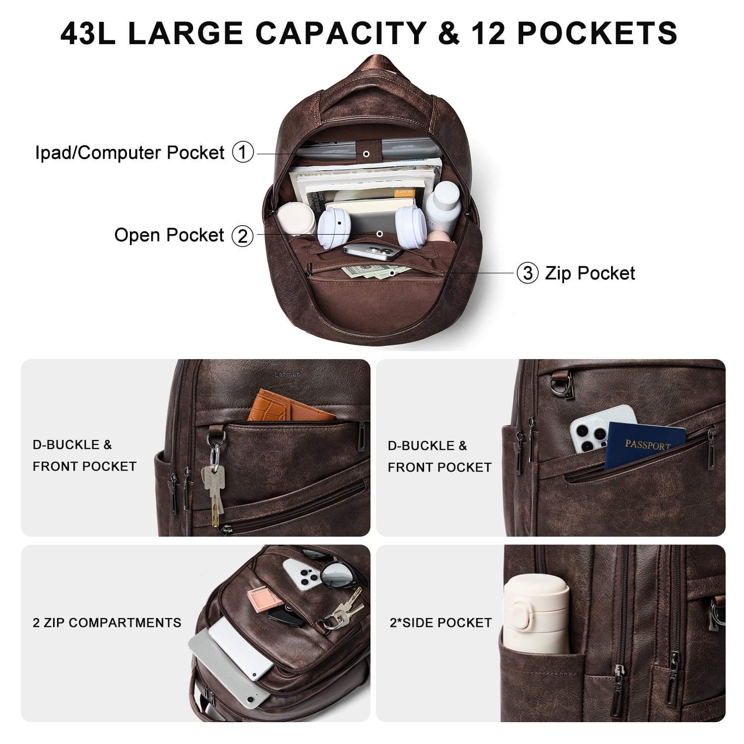 43L Vegan Leather Backpack for Women & Men, Travel Carry On Backpack, College Bookbag, Work Laptop Backpack fits 17 inch Laptop，Coffee