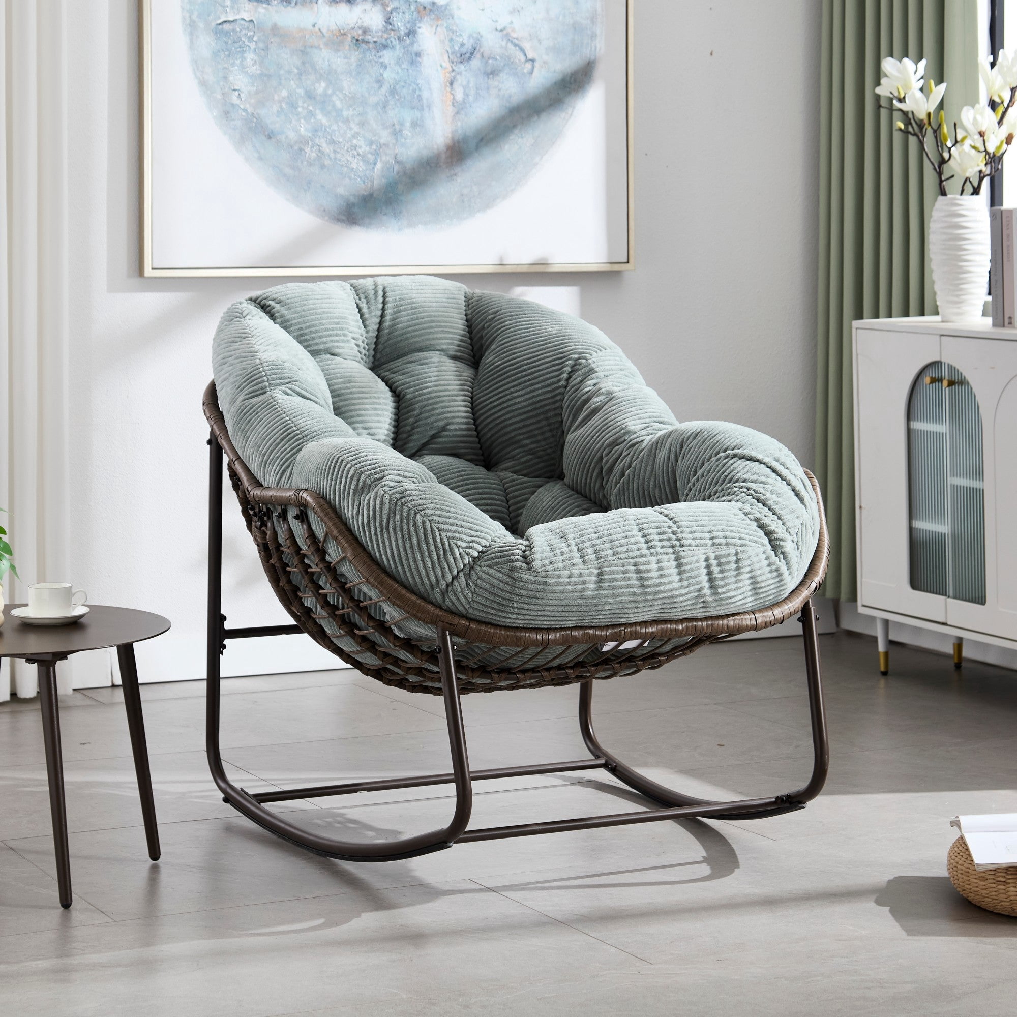 Sailvan Outdoor Rattan Rocking Chair,Oversized Wicker Egg Chair for Patio,Front Porch and Living Room Light Green