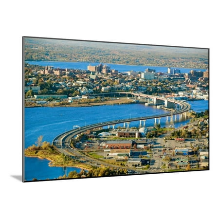- Aerial of downtown Portland, Maine showing Maine Medical Center, Commercial street, Old Port, Ba... Wood Mounted Print Wall Art