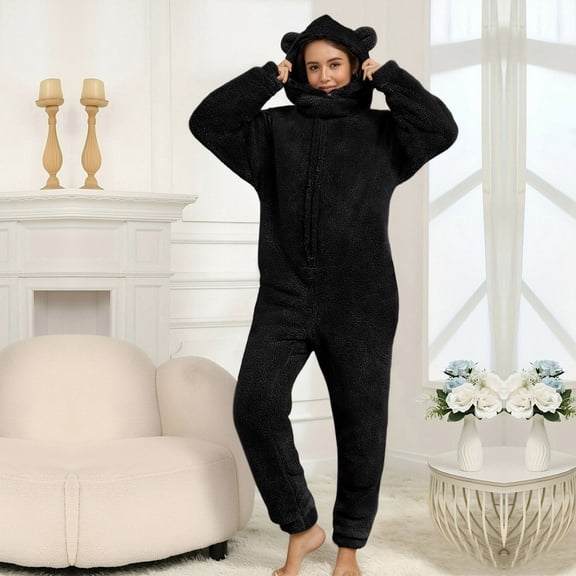 Simua Women's Solid Color Plush Long Sleeve Hooded Jumpsuit With Bear Ears Zipper Front Pockets Winter Warm Loungewear Pajamas For Home Casual
