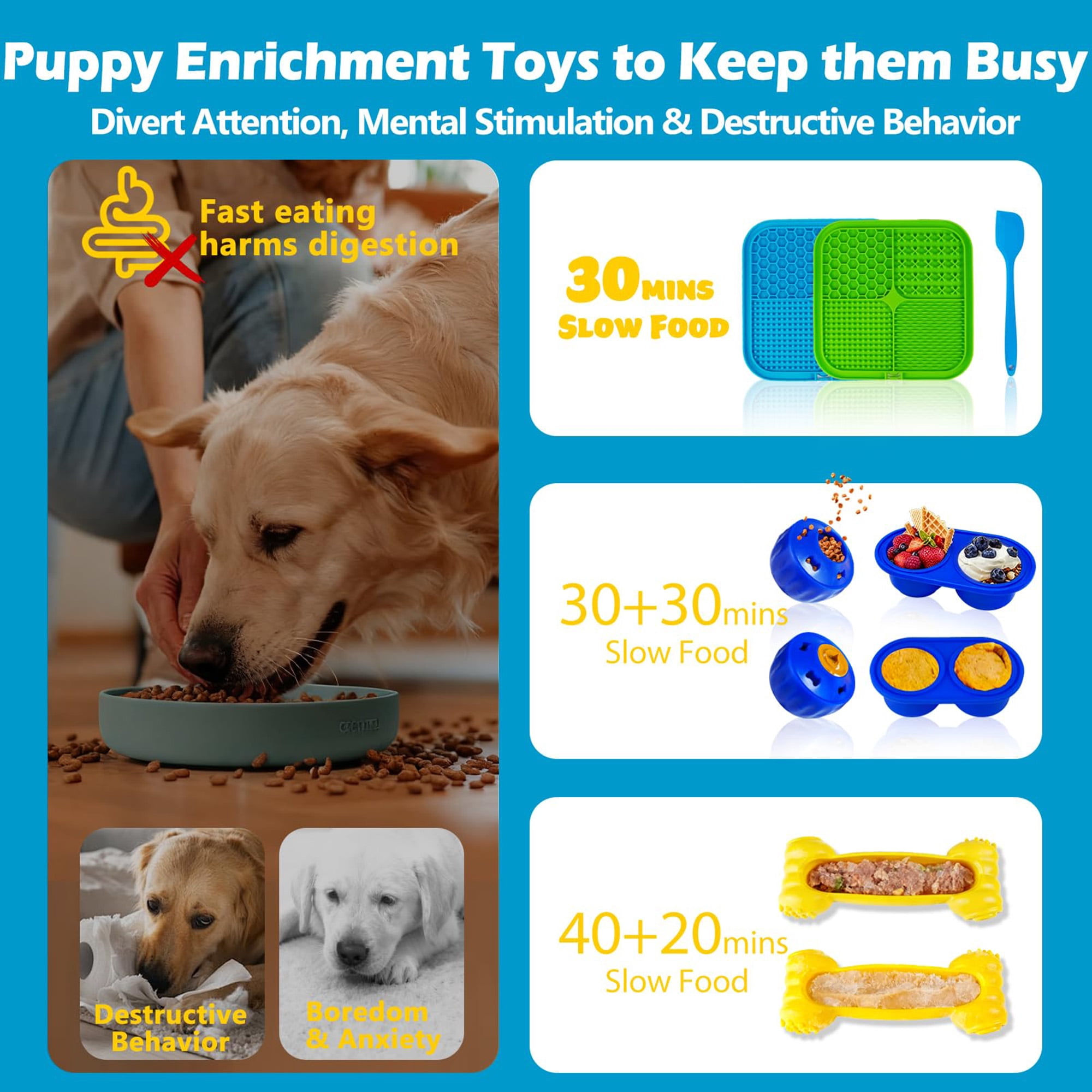 6pk dog toys: lick mats, puzzle feeders, frozen treat dispenser for mental stim, anxiety relief, training. Includes bone bowl & spatula, multicolor