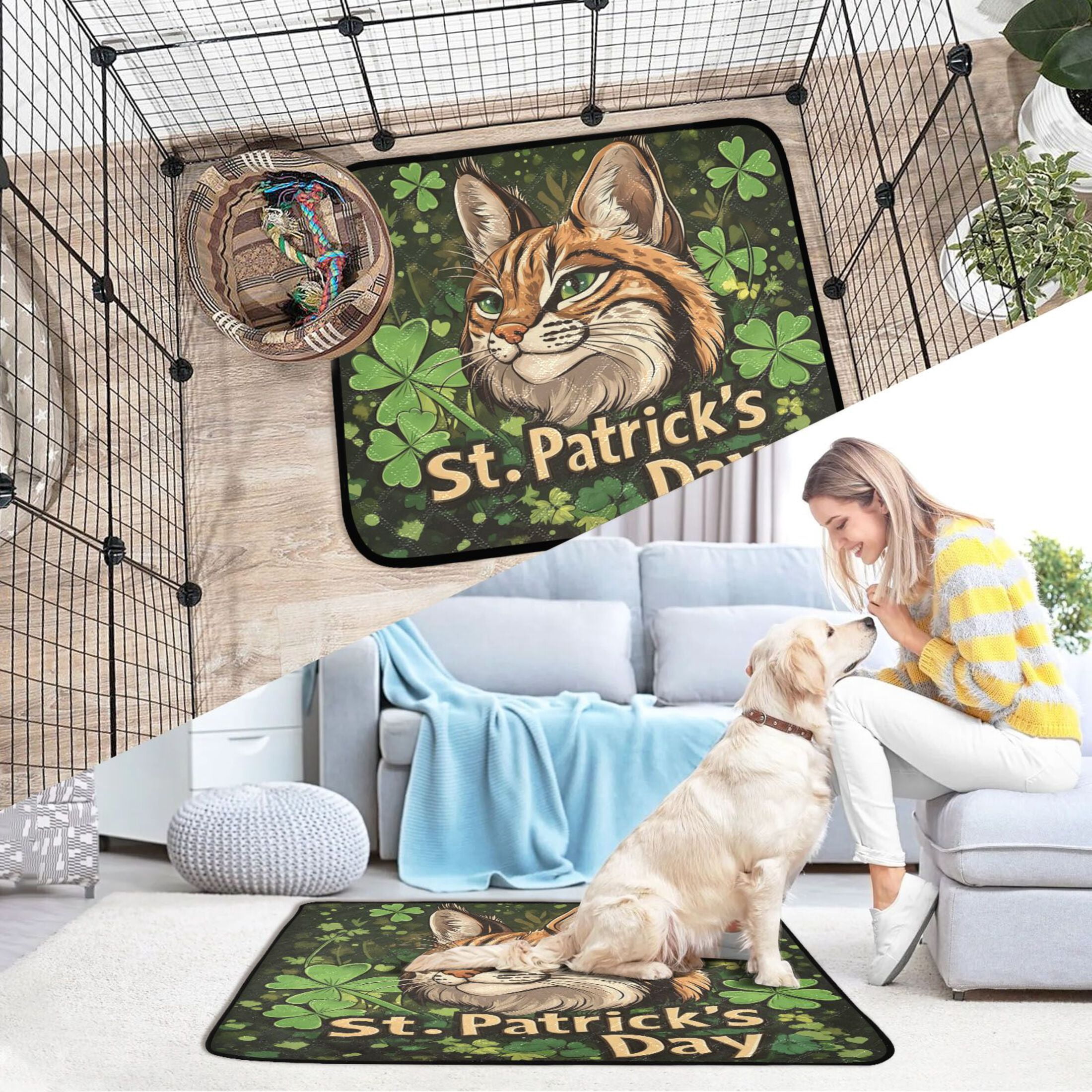 Qxltty Stpatricks Day Cute Lynx Cat litter Pads Pet Set of 2 Diaper Mats Center Anti-leakage Layer Absorbent Soft and Comfortable
