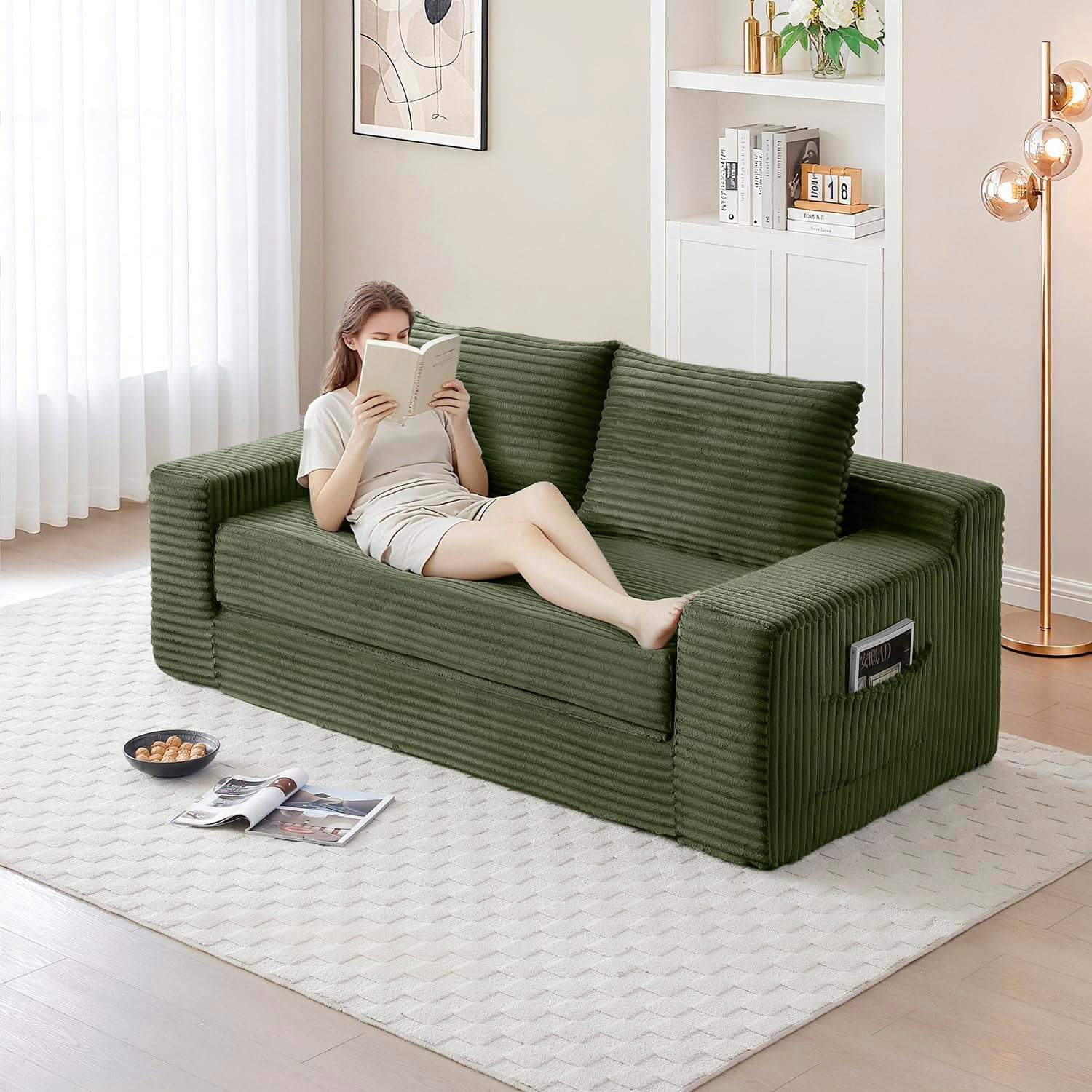 73" 2-in-1 Convertible Sofa Bed, Memory Foam Corduroy Loveseat, No Assembly, Green