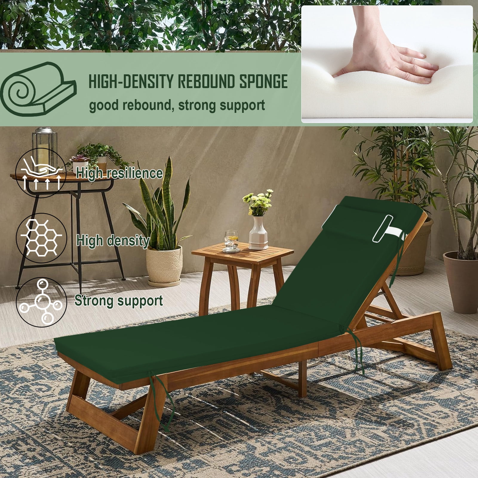 Outdoor Chaise Lounge Cushion with Adjustable Headrest and Straps