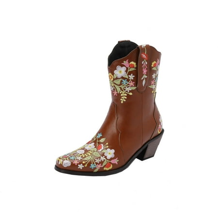 

EQWLJWE 2022 Booties for New Winter Cowboy Boots Embroidered Flowers Thick Heel Ladies Short Boots Deals Discount Clearance
