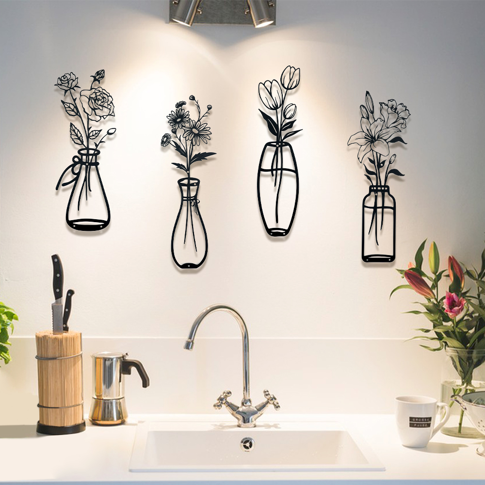 RETON 6 Pieces Black Metal Flowers Wall Decor Meta Vase Wall Art Wall Sculptures Hanging Minimalist  Natural Themed for Kitchen Bathroom Bedroom Living Room Indoor