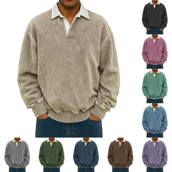 Mens Casual Polo Shirts Big and Tall Long Sleeve Button Up V Neck Golf Shirts Vintage Distressed Washed Pullover Army Green XL