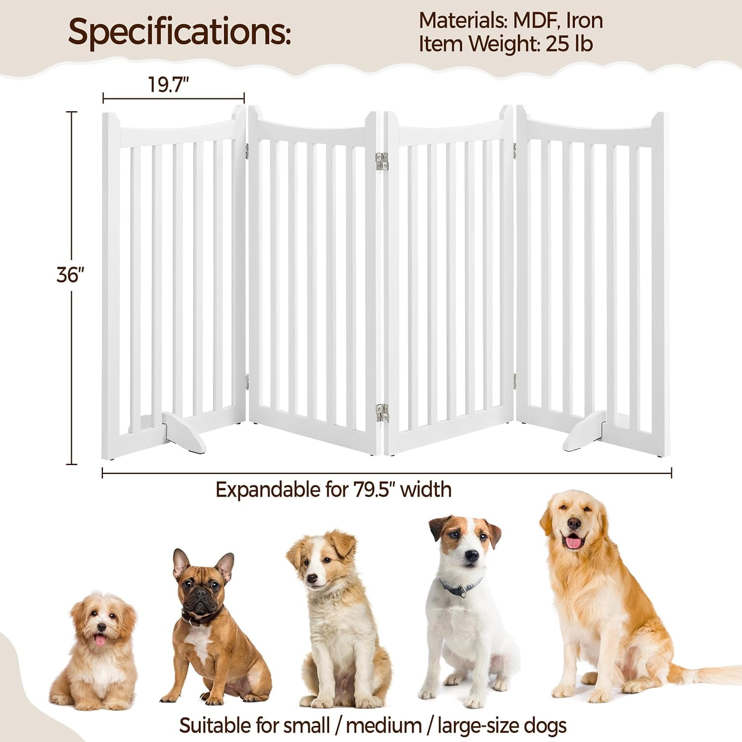 36" H Extra Tall Freestanding Pet Gate 4-Panel Wooden Dog Fence with 2 Support Feet Folding Dog Gate for Indoor, Stairs, Doorways, Halls, Kitchen Wooden Pet Barrier White, 79.5" L x 36" H