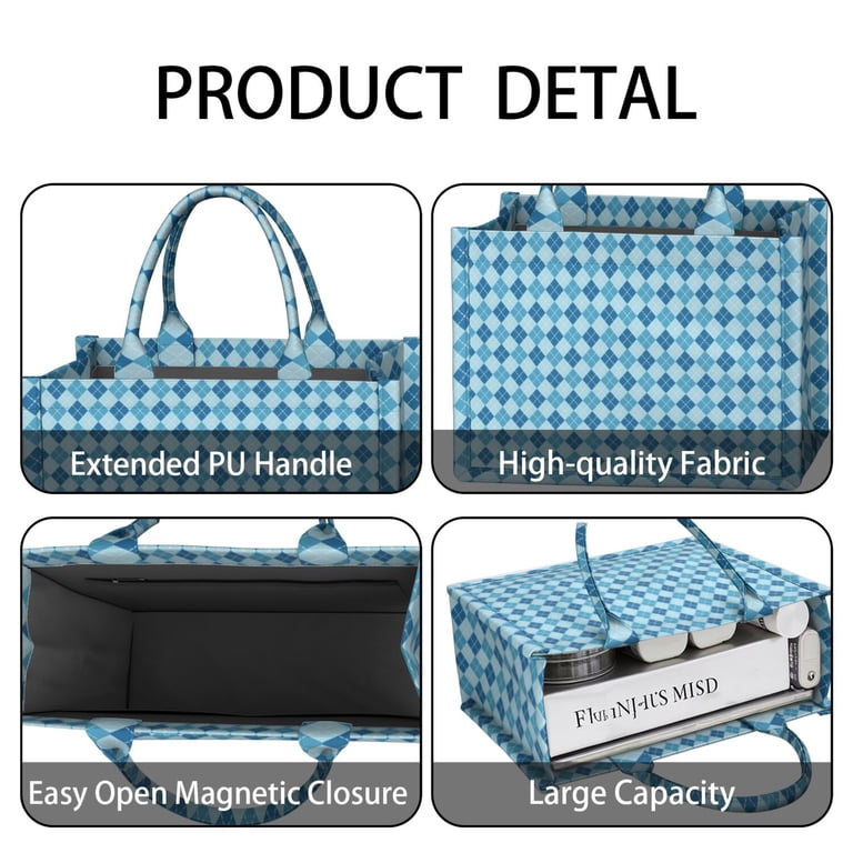 Large Capacity Tote Bag,Blue White Checkerboard Checkered Pattern