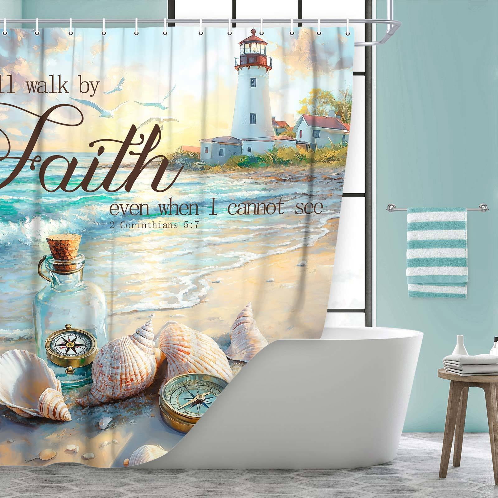 Beach Coastal Shower Curtain, Ocean Nautical Lighthouse Shower Curtain Set, Shells Drifting Bottles Seagulls Compass Decor Shower Curtain for Bathroom Polyester with 12 Hooks,60X70in