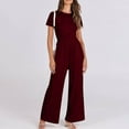 thumbnail image 2 of cfhntfmh Dressy Jumpsuits for Women Summer Loose Short Sleeve Crewneck Outfits Ribbed Knit Wide Leg Flowy Rompers with Pockets, 2 of 7