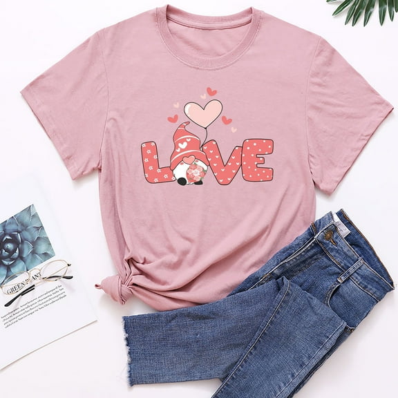 EQWLJWE Valentine's Day T-Shirt Women Gnomes Print Shirt Love Heart Graphic Shirts Lover Gift Tshirt Couple Tee Top