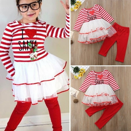 Newborn Kids Baby Girls Christmas Lace Stitching Stripes Dress + Long Pants 2Pcs Outfits Set
