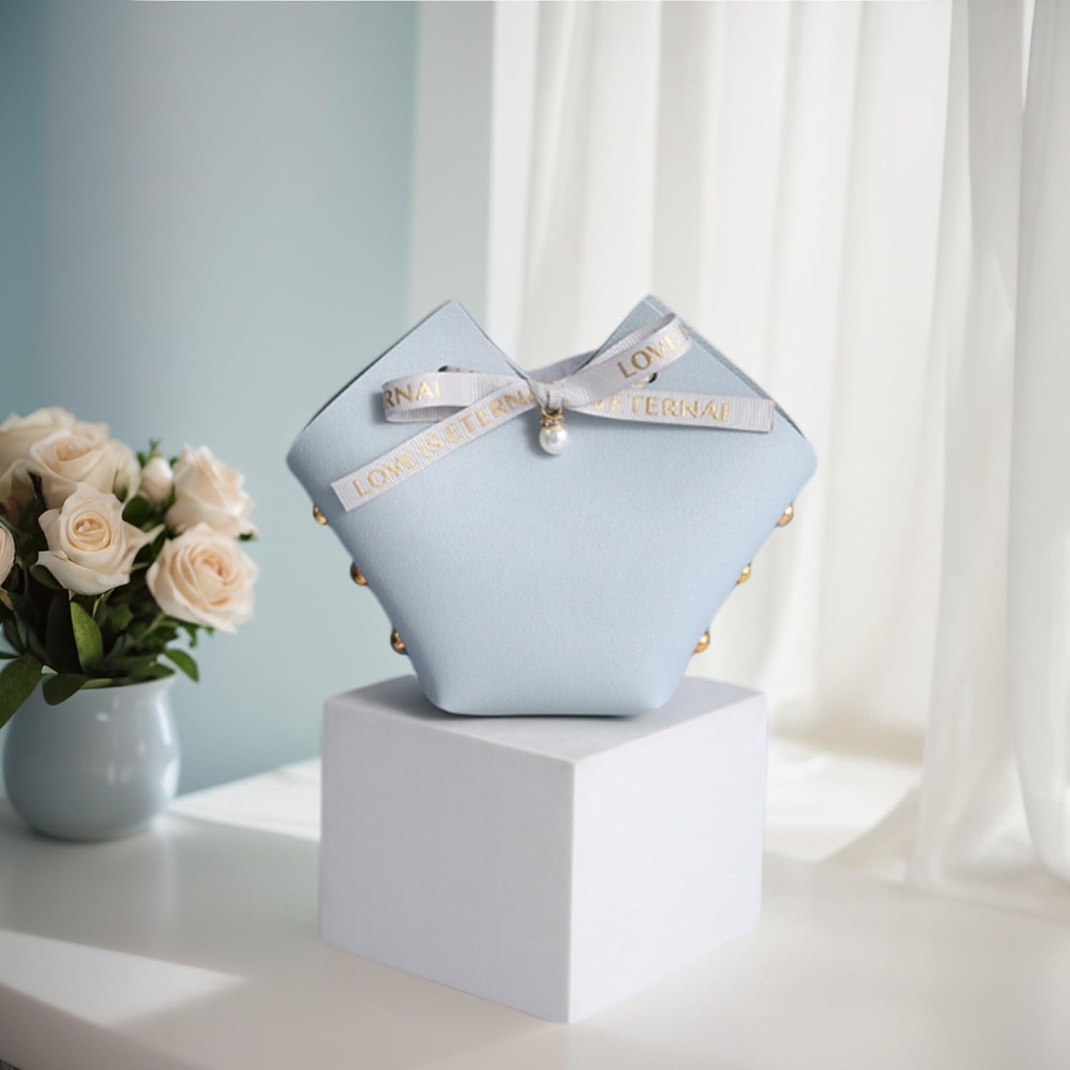 10 Pack Leather Bowknot Gift Boxes: Party Favor Bag Candy Gift Party Favor Boxes, Mini Gift Bags with Handles, Reusable Gift Bag for Baby Showers Wedding Christmas Party Valentines's Day (Blue)