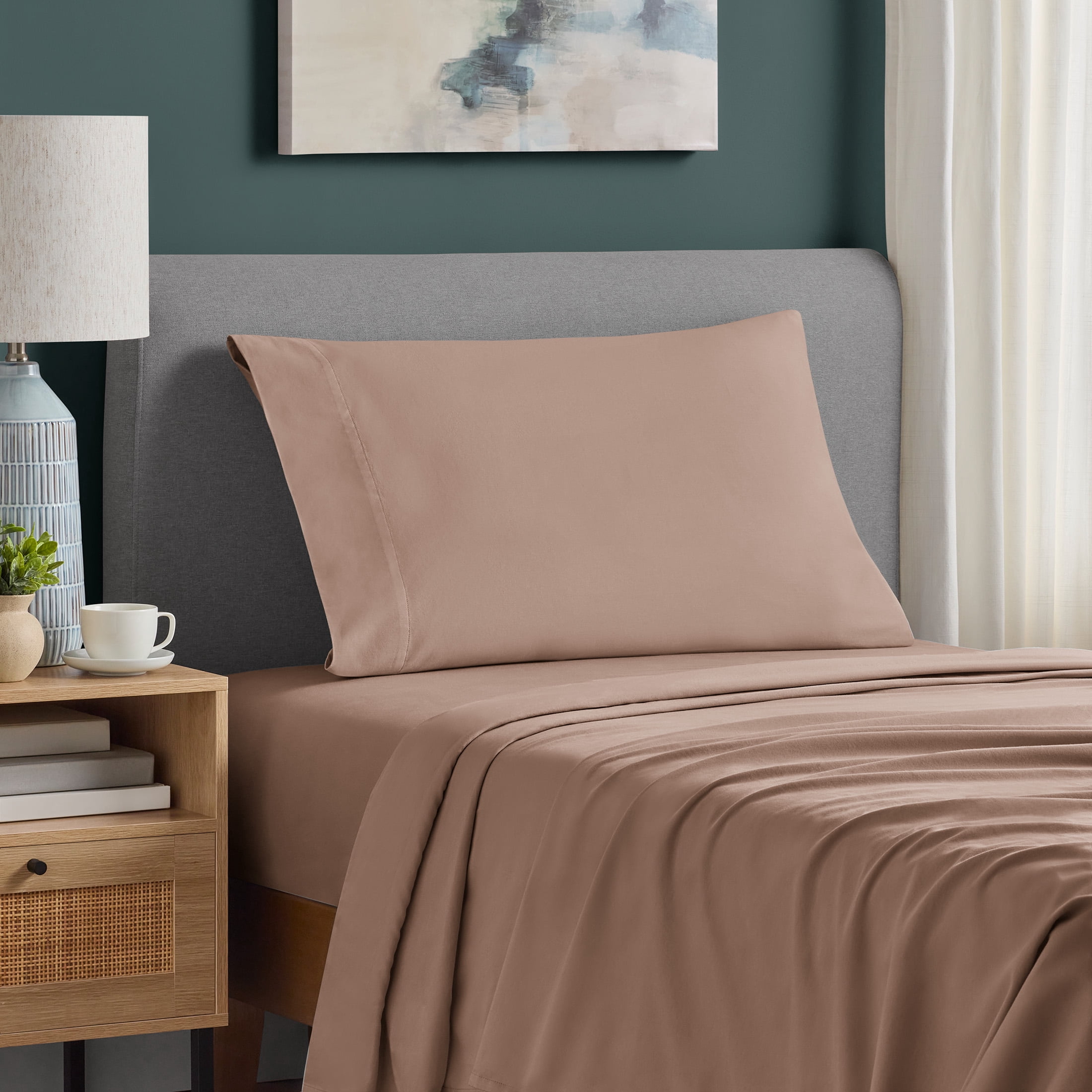 Mainstays Dreamy Soft 100% Cotton 3-Piece Bed Sheet Set, 220 Thread Count Brushed and Washed Sateen, Deep Pocket, Twin, Teddy Bear Brown