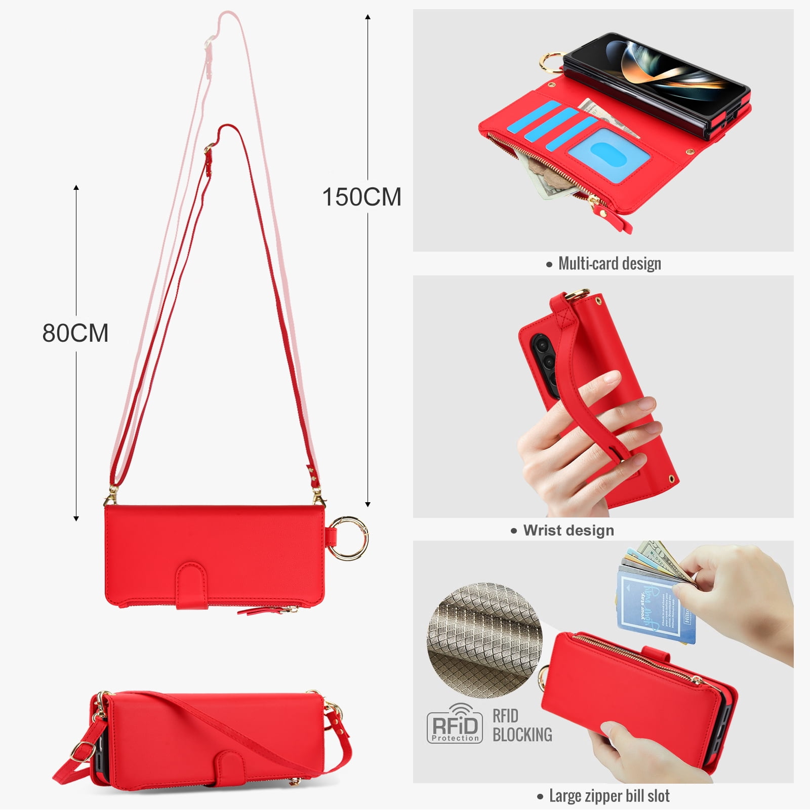 ELEHOLD For Samsung Galaxy Z Fold 4 Phone Case Leather Crossbody Zipper Card Wallet Flip Case Kickstand Cover, with Ring Holder,Full Body Protection-Red