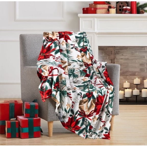 Serafina Home Christmas Holiday Fleece Throw Blanket: Velvety Soft, Durable Accent for Bed or Couch, Gold Red White Vintage Icon, 50 x 60 inches