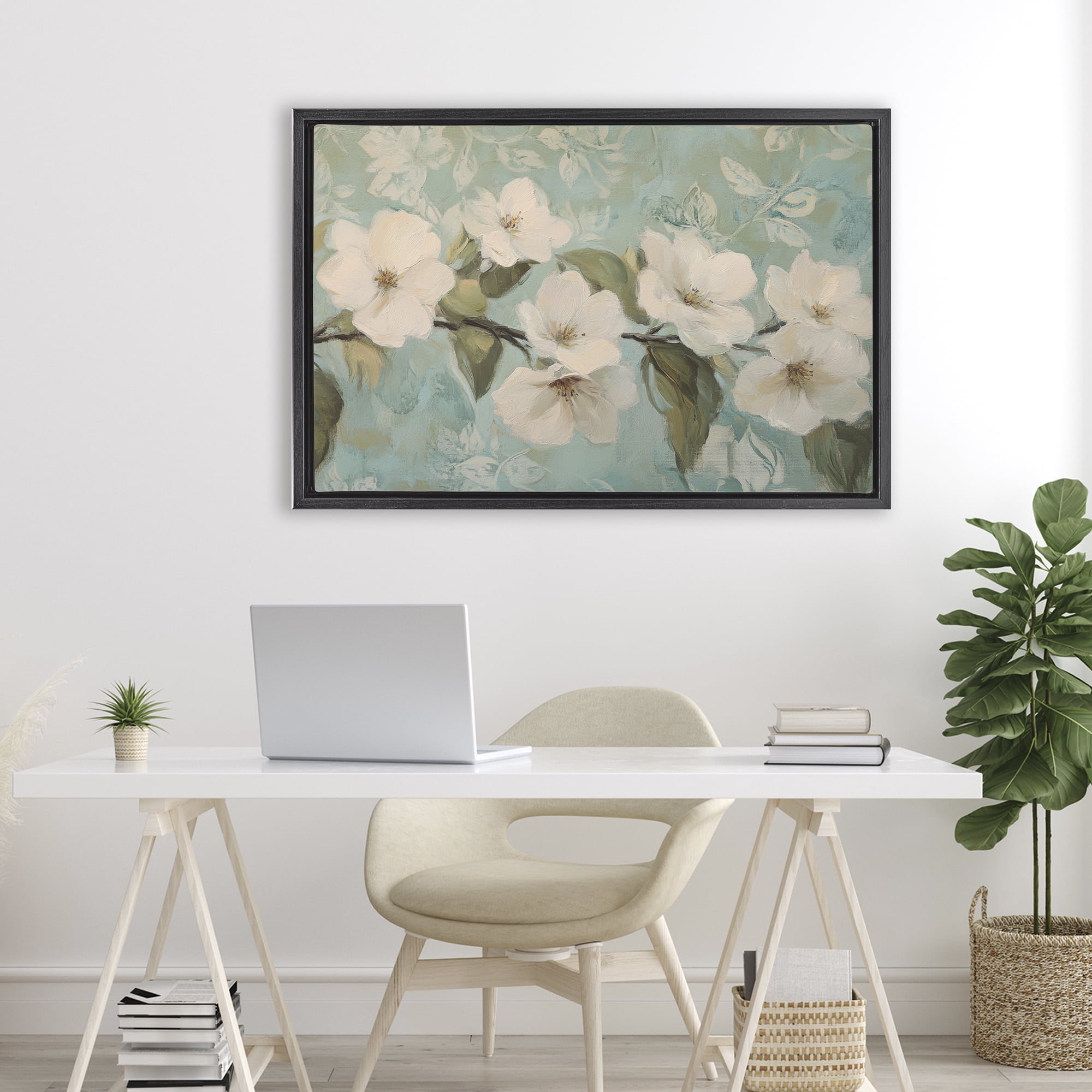 Stupell Industries Serene Flower Branch Blooms Black Framed Floater Canvas Wall Art, design by Petal Prints Design