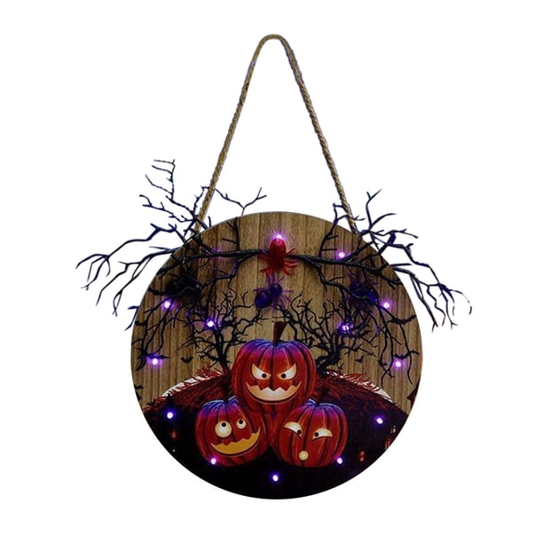 Letrero colgante de Halloween con luz, adorno decorativo para ventana del hogar u oficina, hojas de arce Calabaza de tablero de madera