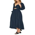 thumbnail image 2 of Femmes Été Midi Robe Couleur Unie Carré Cou Lanterne Manches Taille Haute Casual Robe Plage Vacances Robe, 2 of 6