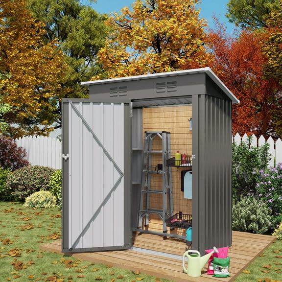 Kosynda 5X3 FT Outdoor Storage Shed, Compact Metal Garden Tool Shed with Sloping Roof and Lockable Door for Backyard Patio Lawn, Gray